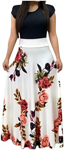 Fragarn женски случајни цветни цветни печатени макси фустани со краток ракав, долг фустан