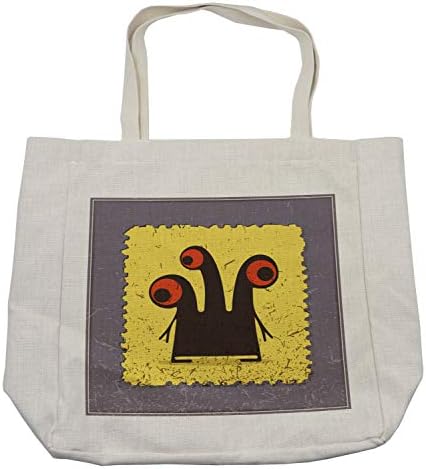 Апстрактна апстрактна торба за купување, глави на суштества и големи очи на илустрација на жолтиот печат, еколошка торба за еднократна употреба за плажа на намирни