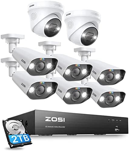Систем за безбедност на камерата на Зоси 4K Spotlight POE, 8CH 8MP NVR со 2TB HDD, 6PCS 4K POE IP камери и 2PCS 8MP Камера на