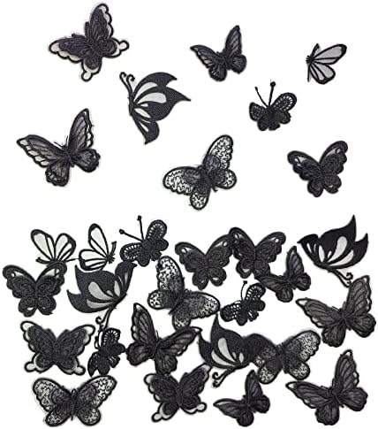 32 парчиња црна чипка пеперутка Апликација за вез, закрпи за пеперутка од органза аплики за облека, за свадбена невестинска фустан занаетчиска