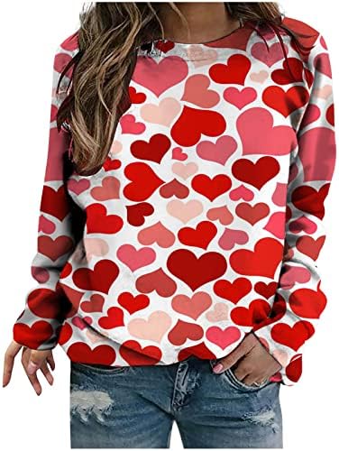 Fanteecy Valentines врвови за жени 2023 симпатична срцева графичка графичка екипаж, џемпер со долги ракави пулвер, обични кошули за блуза