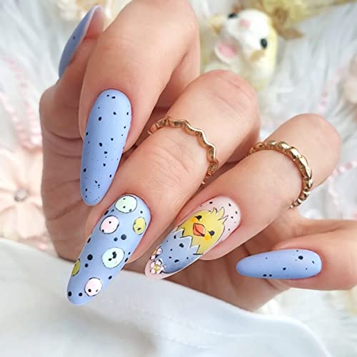 24 парчиња Велигденски печат на нокти акрилен среден бадем лажни нокти сини пилиња лажни нокти Велигденско јајце дизајн Декорација
