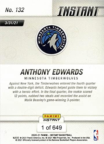 2020-21 Панини Инстант кошарка #132 Ентони Едвардс Дебитант картичка Тимбервулвс - само 649 направени!