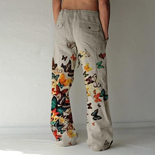 Машки панталони, машки памучни памучни постелнина за мажи кои влечат еластичен џеб од половината, печатено плажа, лабава јога панталони