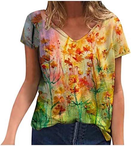 Блуза дами лето есен краток ракав 2023 V врат памук пеперутка сликарство цветна графичка врвна мета за тинејџери