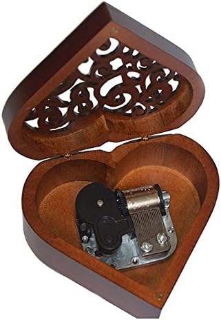 Антички врежана дрвена музичка кутија со ветерници, музичка кутија за меморија, со движење со сребро, во форма на срце