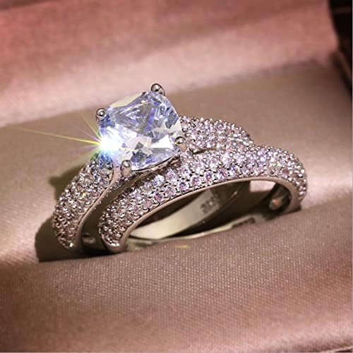 Прстени за ангажмани за жени 2 парчиња стабилни сјајни свадбени прстени со кристали со двојни цирконски венчални прстени за двојки