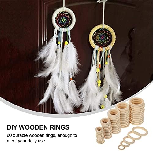 Лековити 60 парчиња дрвени прстени природни дрвени прстени недовршени мазни дрвени прстени за проекти за макраме занает, приврзок за прстен и конектори накит