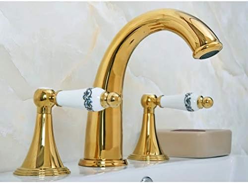 Палуба монтирана 3 дупки миксер за када од када од чешма златна боја полиран месинг широко распространет 2 рачки тапа за бања бања