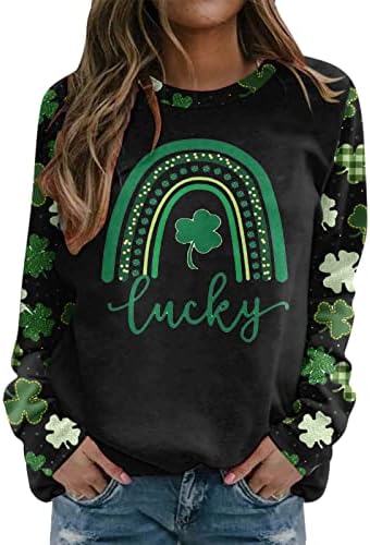 Iius Green St.Patrick Day Tshirts кошули за жени со долги ракави, џемпери на екипаж ирски гноми печати пулвер