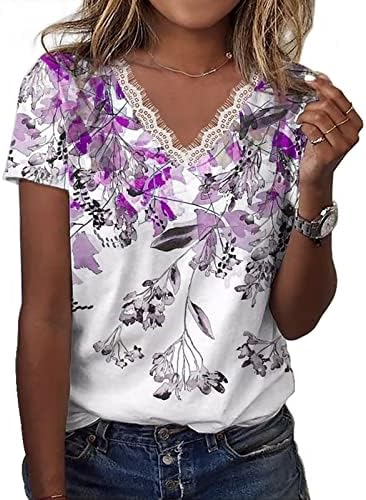 Overенски преголеми маички, трендовски чипка со кратки кошули со кратки ракави модни обични облеки облечени симпатични блузи од туника