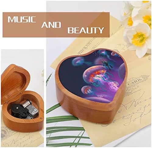Фантазија медузи Дрвена музичка кутија за ветровито во форма на срце во форма на печатени музички кутии за роденден на годишнината од в Valentубените