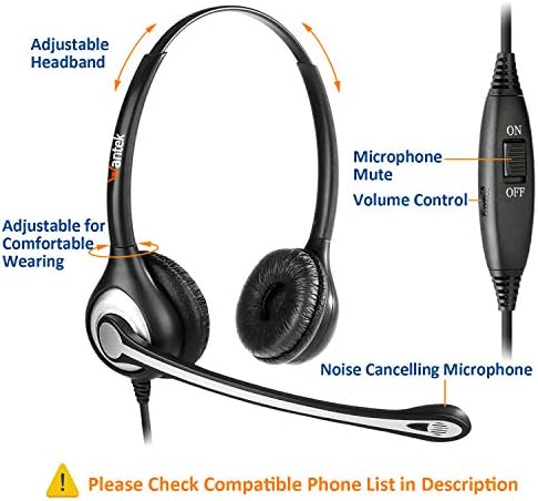 Wantek Office телефонски слушалки, телефонски слушалки од 2,5 мм со откажување на микро -бучава компатибилна со безжични телефони Panasonic AT