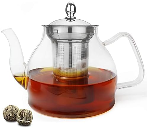 Тетвин стаклена чајник, вклучувајќи 2 цветни цветни чајни топки, сад за чај со шпорет со отстранлив инфузер за цветање и лабав чај од
