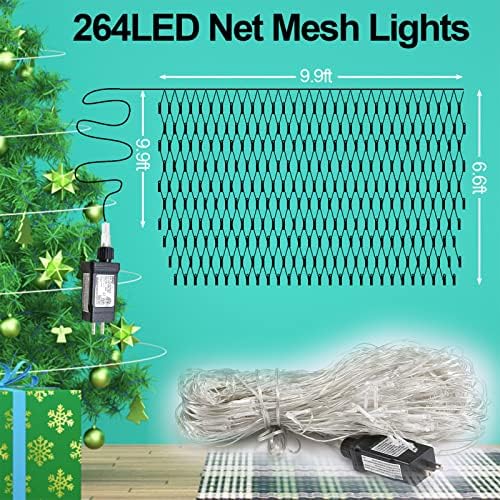 Зелени Божиќни мрежни светла на отворено украси, 9,9ft x 6,6ft 264 LED светла во затворен мешунки, IP44 водоотпорни 8 режими самовила за мрежни