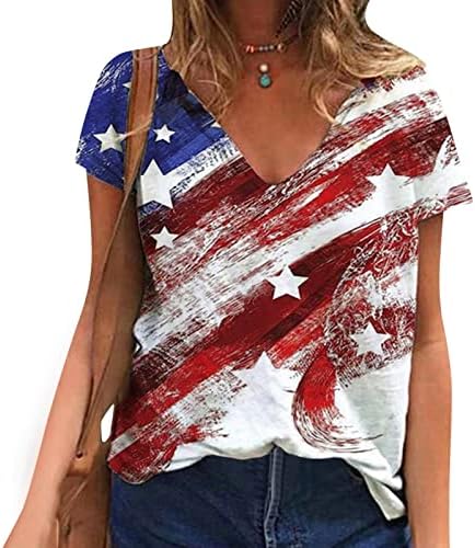 Женски Маици Со Кратки Ракави Жени Блузи Со Знаме На Американска Ѕвезда Кошула V Кошула За Вратот Мода Врв Со Кратки Ракави Лабаво Вклопување