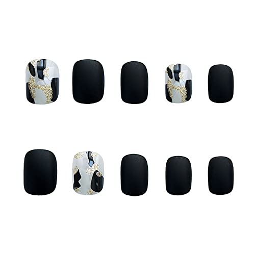 24 парчиња црн печат на нокти, краток квадрат лажни нокти мрзнување на преси на ноктите злато фолија за нокти украсен дизајн Акрилен