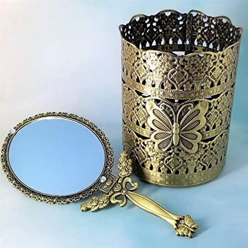 T-Box Goldentbox гроздобер антички декоративен метал шминка држач за четка и рачен преносен козметички огледало Подарок за подароци