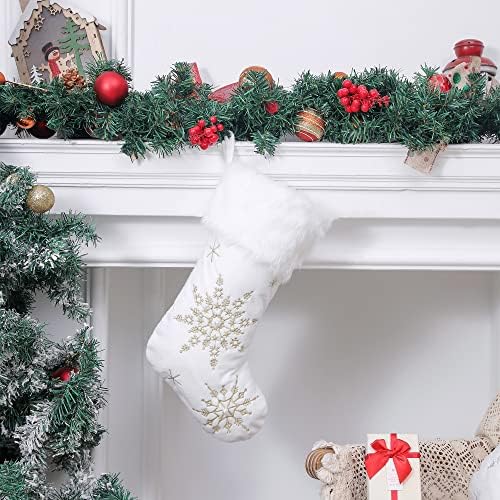 Менли бели Божиќни чорапи, сет од 2 бели чорапи за Божиќ, 18 ”големи божиќни чорапи, семејни Божиќни чорапи