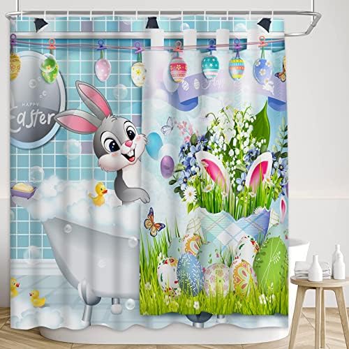 Claswcalor Велигденски зајаче завеса за туширање, симпатична завеса за туширање со зајаци со 12 куки, смешни пролетни завеси за туш со јајца за декор за бања, празник за м?