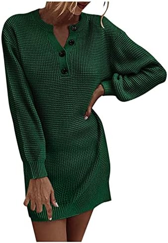Женска Секојдневна Модна Ревија Тенок Цврст Плетен Фустан Џемпер Со Долг Ракав Со В-Врат