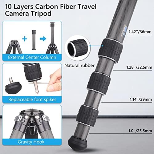Компактен статив со јаглеродни влакна со надворешна централна колона Клип за мобилни телефони Меџик АРМ Лесен 10 слоја 36мм максимална нога