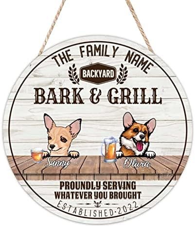 Mesllings Bark & ​​Grill Proundly Serving што и да донесовте знак на врата од дрво, знак за закачалка од врата, 16 x 16 Плакета за знаци