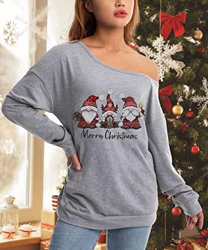 Флојо жени Божиќ надвор од рамената џемпери Гномии Санта Графички маичка Божиќна гномии џемпери за џемпери Божиќни долги ракави кошула