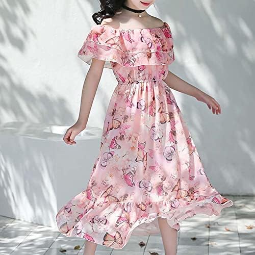 Девојки шифон фустан летен странски стил средно должина на плажа Детски надвор од рамото цветен фустан за големи облеки за момчиња