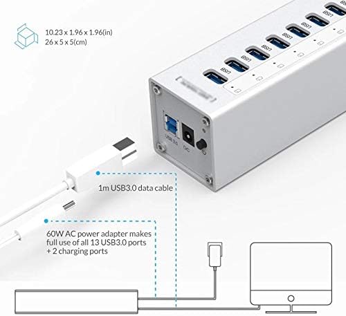 Aluminum Chysp Aluminum 13 Port Multi USB3.0 Hub Splitter со 12V/5A независно напојување со напојување 2 порта за полнење