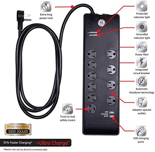 GE Ultrapro 7 Outlet Surge Protector, 8 ft кабел за напојување, 1080 Joules, 34133 & GE Ultrapro 10-Outlet Surge Surge, 2 USB порти, 6 метри