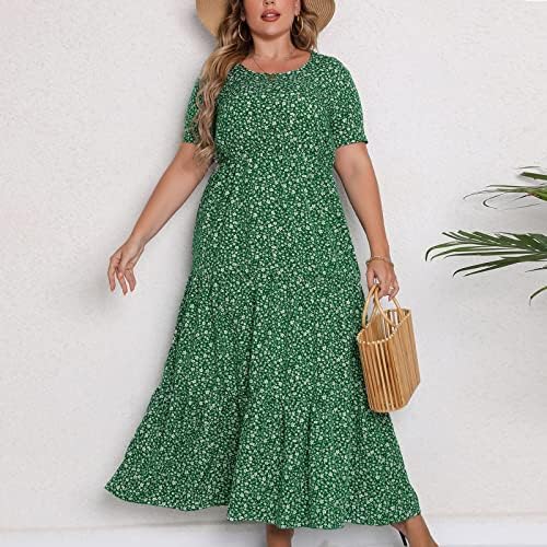 Женски плус големина летен фустан трендовски бохо цветни кратки ракави со висок половината фустани лабава проточна а-линија замав макси