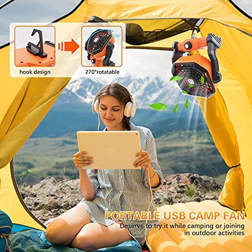 Вентилатор за кампување дома, преносен вентилатор за табела со LED светло личен шатор со висина кука за прилагодување на работната маса за прилагодување на брзината