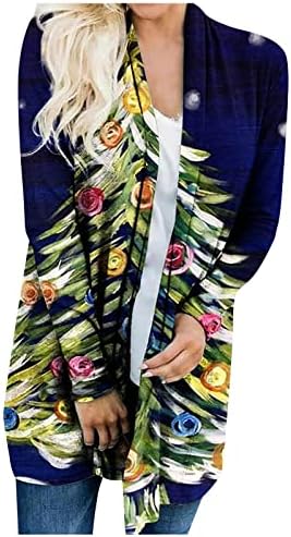 Ауиманк женски есен мода 2022 година, женски Божиќни врвови на обична националност печати долг ракав палто Божиќен кардиган за жени