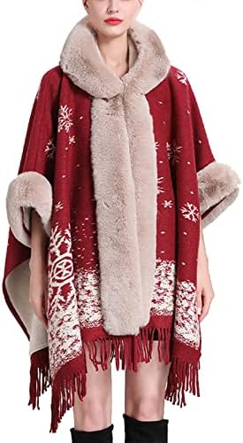 Женски faux крзнено јака шал -качулка со качулка од половина ракав Пончо Кејп Кардиган џемпер отворен фронт за есен зима