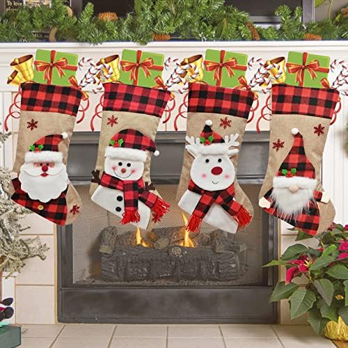Шеридц 4 ПЦС Божиќно порибување класик 18 Големи чорапи Дедо Мраз, Снежен човек, ирваси Божиќни чорапи со ликови поставени за семејни празници