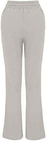 LMSXCT жени памучни постелнини панталони со џебно влечење еластично високо половината лабава широки панталони за нозе цврсти