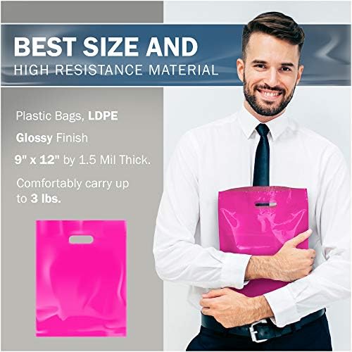 Розови стока пластични кеси за купување - 100 пакувања 9 x 12 со рачки од дебелина од 1,5 мил.