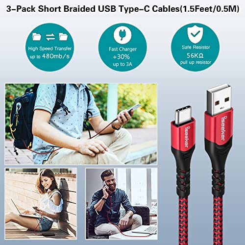 ISEEKERKIT USB C кабел 1,5ft [3PACK], краток USB A до USB C кабел за брзо полнење на податоци за синхронизација, компатибилен