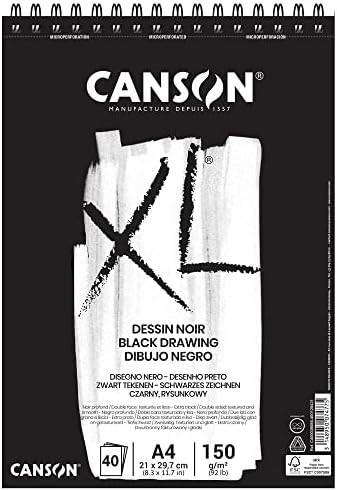 Canson XL црна цртање 150GSM A3 хартија, двострана: зрнеста и мазна, кратка страна на спирална подлога, 40 црни чаршафи, идеално