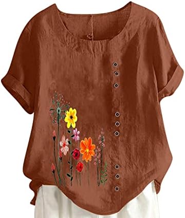 Маица за блуза за жени за жени со кратки ракави со екипаж памук од роза од роза Дејзи, цветни графички плус големина обична блуза на