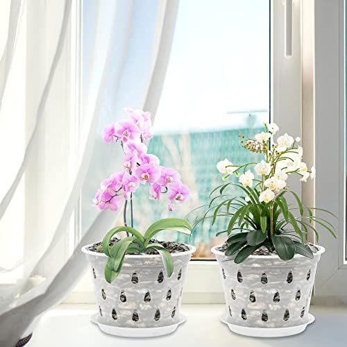 Aahggba 7 инчи 8 пакувања со орхидеи садови со дренажни дупки и чинии чисти, пластични, обезбедете добри градинари на градинарски