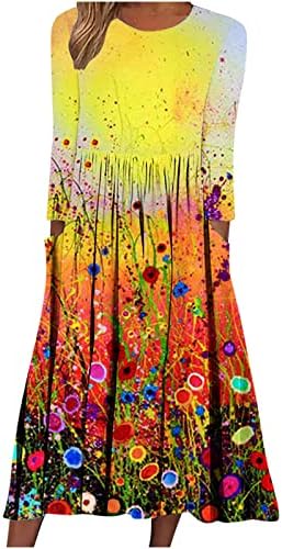 Ружијог Женски Туника Фустан Fall Мода Печатење Долги Ракави Плисирани Фустани Лабава Секојдневен Течен Фустан Со Џеб