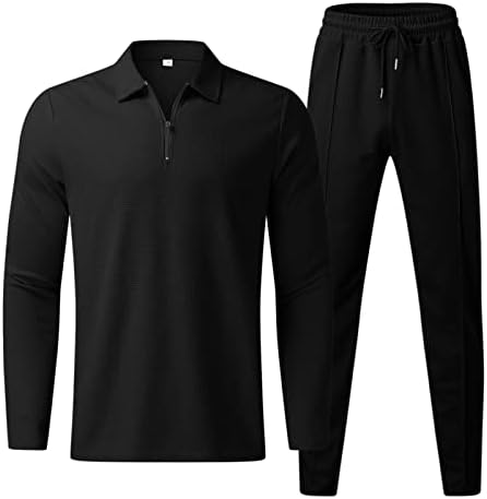Машки тренерки 2 парчиња четвртина по поштенски патенти со долги ракави кошули и панталони спортови сет удобни обични стилски потти