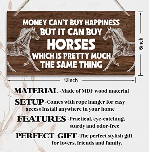 Знак за украси со дрво со теми од коњи, парите не можат да купат среќа, но може да купат коњи, висат печатени дрвени плакети декор,