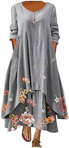 Seryu жени обична V вратот копче памучни постелнини долги фустани случајни лабави плус големина двојно слоевит иригру -макси фустан