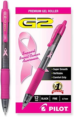 Пилот G2 Premium Pink Ribbon Ribbon Retractable Gel Roller Pen, Fine Point, Black Ink, 12-Pack, Dosen Box & G2 Premium Replable & Rutractable