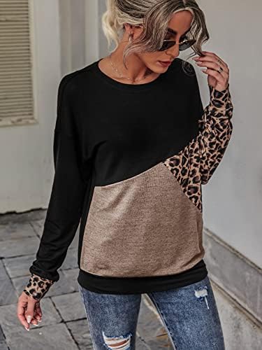 Soly Hux женски обични долги ракави во боја со долги ракави блок од леопард печати маици за пулвер врвови