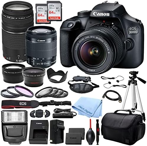 Canon EOS 3000d DSLR Камера СО EF-S 18-55mm DC III &засилувач; 75-300mm Леќи Делукс Додаток Пакет-Вклучува: 2X Sandisk Ултра 64GB Мемориска Картичка, Резервна Батерија, Црна