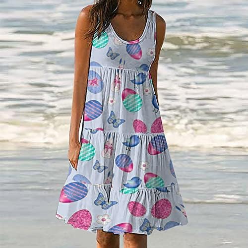 Велигденски фустан за печатење со јајца за жени 2023 лето летен случај во бохо фустан со рафли без ракави со високи фустани